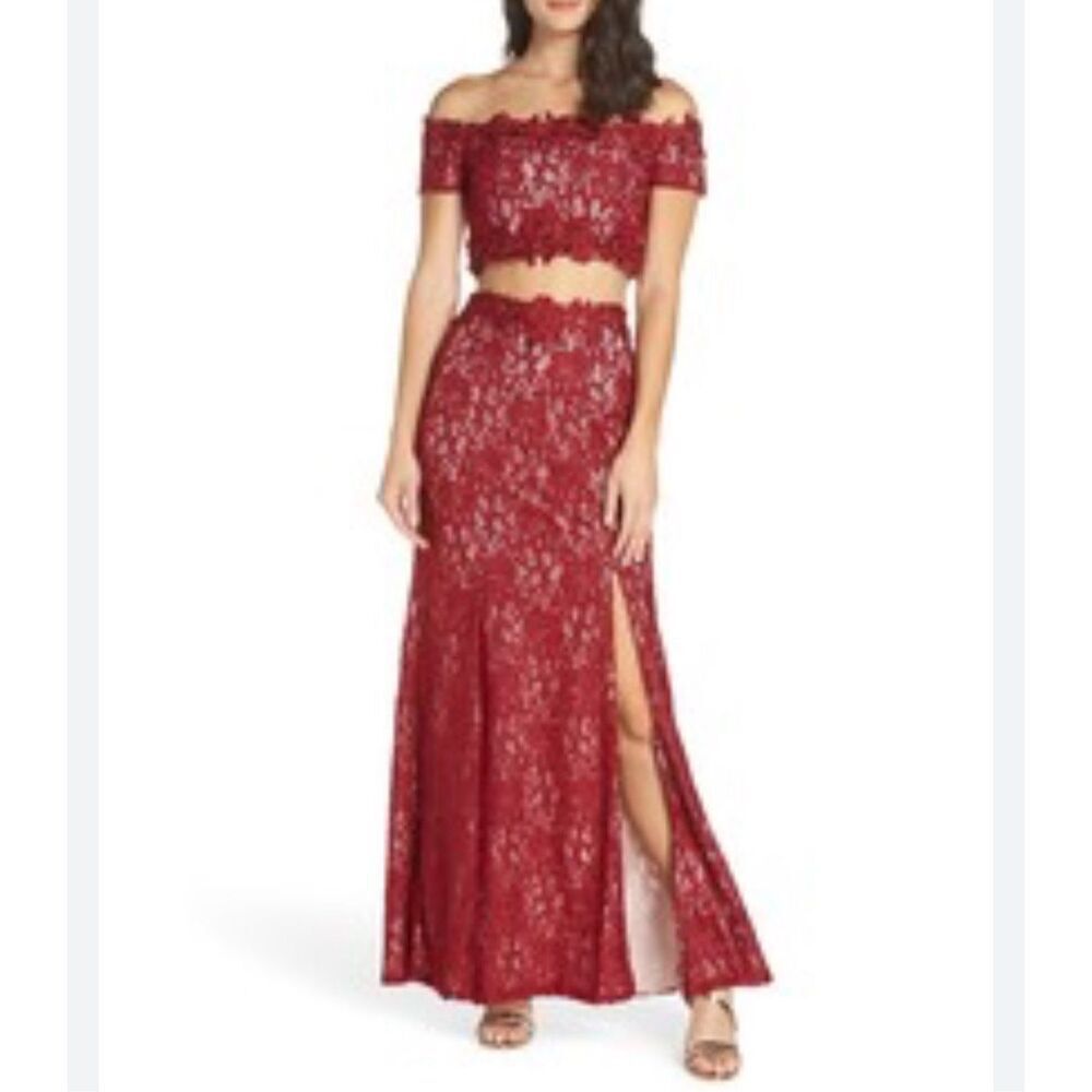 Sequin Hearts 2 Piece Red Sparkle Lace Off Shoulder Formal Outfit Size 9